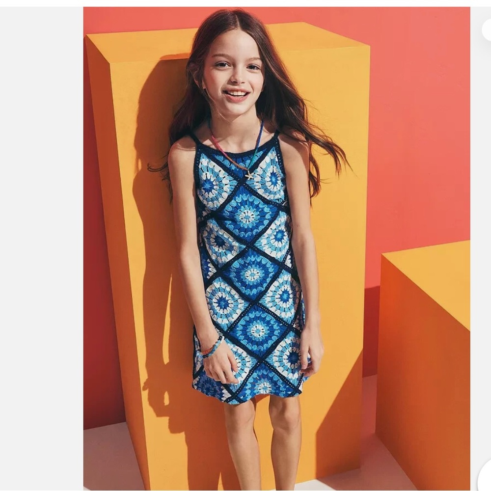 Aqua Bloomingdale’s Blue Tile Crochet Geometric Pattern Dress Size M 9-10